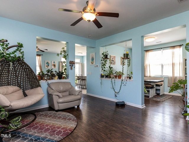 3507 Portico Ln, Durham, NC 27703 - living room with ceiling fan, wood finished floors, and baseboards