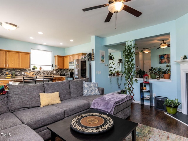 3507 Portico Ln, Durham, NC 27703 - living room with ceiling fan, dark wood finished floors, recessed lighting, and baseboards