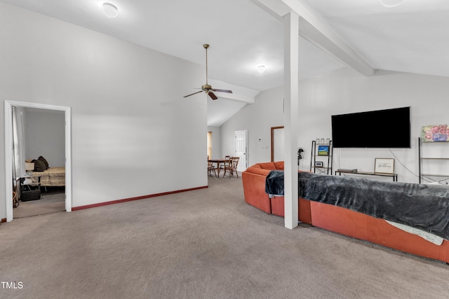 carpeted living area with ceiling fan, beam ceiling, high vaulted ceiling, and baseboards