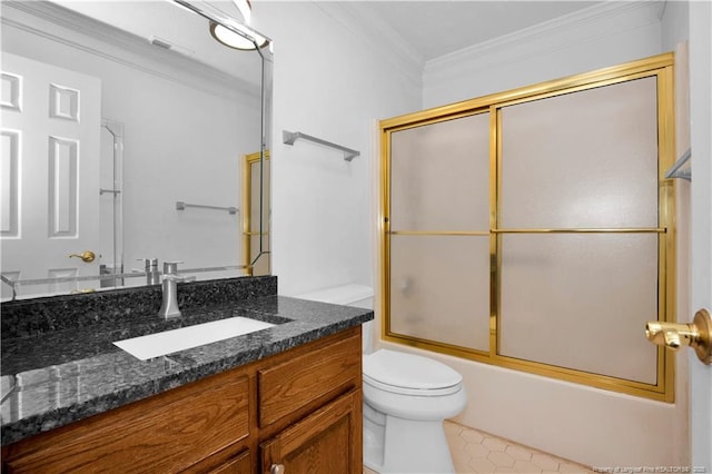 5704 Kindley Dr, Fayetteville, NC 28311 - full bath with ornamental molding, toilet, vanity, shower / bath combination with glass door, and tile patterned flooring