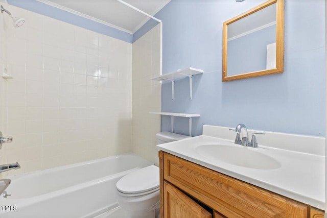 2324 Stevens Rd, Raleigh, NC 27610 - bathroom featuring toilet, crown molding, bathing tub / shower combination, and vanity