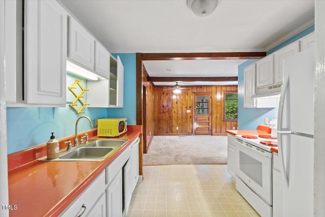 2324 Stevens Rd, Raleigh, NC 27610 - kitchen featuring white appliances, beam ceiling, light colored carpet, white cabinets, and a sink
