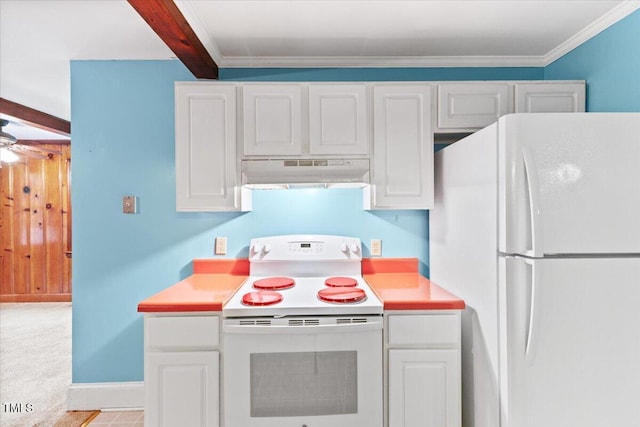 2324 Stevens Rd, Raleigh, NC 27610 - kitchen with white appliances, under cabinet range hood, white cabinets, light countertops, and light colored carpet
