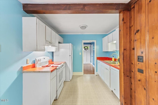 2324 Stevens Rd, Raleigh, NC 27610 - kitchen with white appliances, a sink, light floors, white cabinets, and crown molding