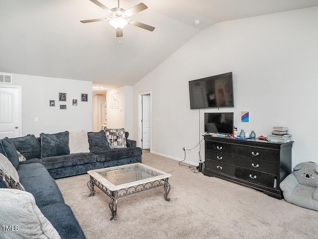 carpeted living room with vaulted ceiling, a ceiling fan, and baseboards