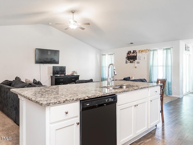 kitchen featuring dishwasher, open floor plan, a sink, ceiling fan, and lofted ceiling