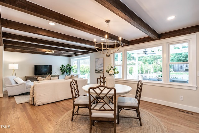 dining space with beamed ceiling, a chandelier, light wood-style flooring, baseboards, and recessed lighting