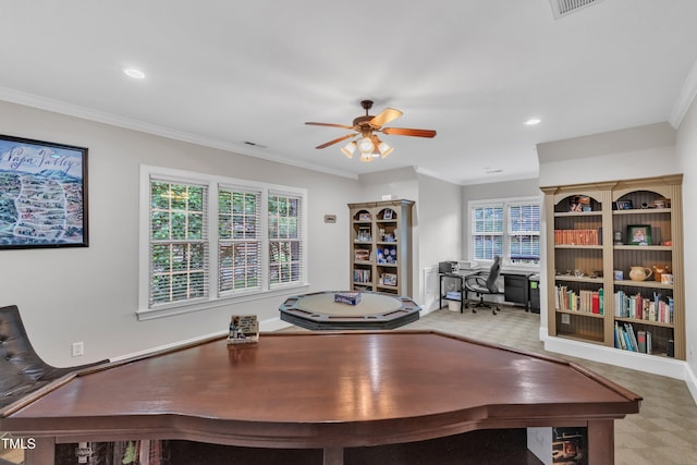 3007 Krogen Ct, Creedmoor, NC 27522 - game room featuring ceiling fan, a desk, recessed lighting, light colored carpet, and crown molding