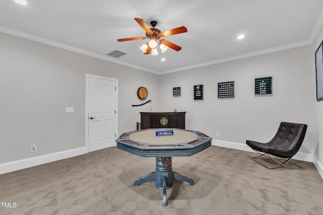 3007 Krogen Ct, Creedmoor, NC 27522 - game room featuring crown molding, ceiling fan, baseboards, carpet, and recessed lighting