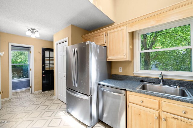 3 Cobble Glen Ct, Durham, NC 27713 - kitchen with appliances with stainless steel finishes, light brown cabinetry, a sink, dark countertops, and light flooring