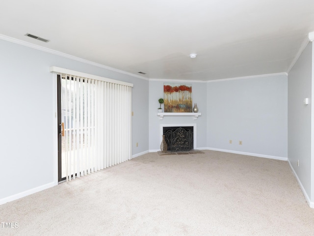 unfurnished living room featuring ornamental molding, carpet flooring, a fireplace with flush hearth, and baseboards