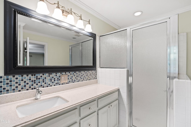 6201 King Croydon Ct, Raleigh, NC 27603 - full bath with vanity, a shower stall, crown molding, and tasteful backsplash