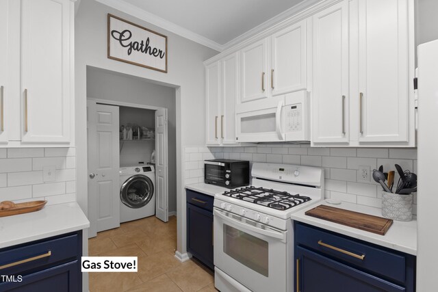 12417 Kendall Ridge Ct, Durham, NC 27703 - kitchen featuring blue cabinets, white appliances, washer / dryer, white cabinetry, and crown molding