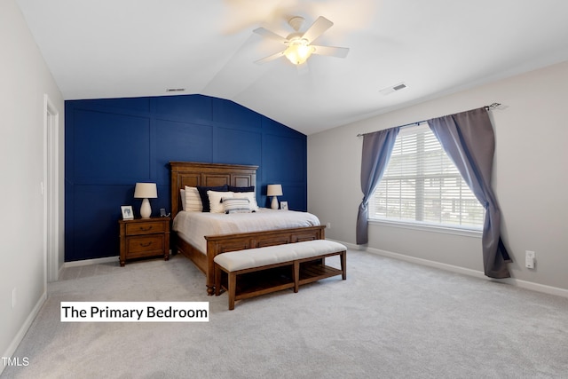 12417 Kendall Ridge Ct, Durham, NC 27703 - bedroom with vaulted ceiling, light colored carpet, a ceiling fan, and baseboards