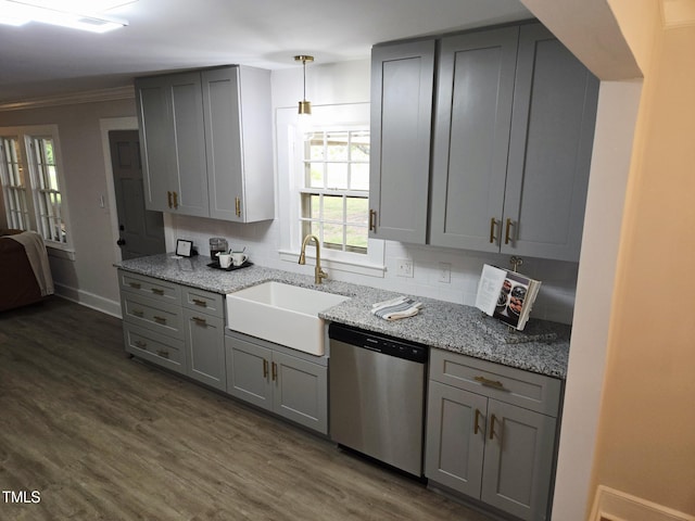 3669 W Greensboro Chapel Hill Rd, Liberty, NC 27298 - kitchen featuring stainless steel dishwasher, gray cabinets, a sink, plenty of natural light, and crown molding