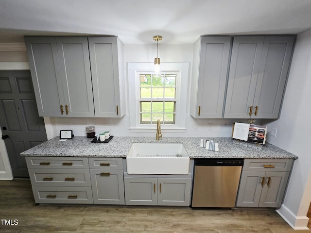3669 W Greensboro Chapel Hill Rd, Liberty, NC 27298 - kitchen featuring stainless steel dishwasher, gray cabinets, a sink, light wood-type flooring, and light stone counters