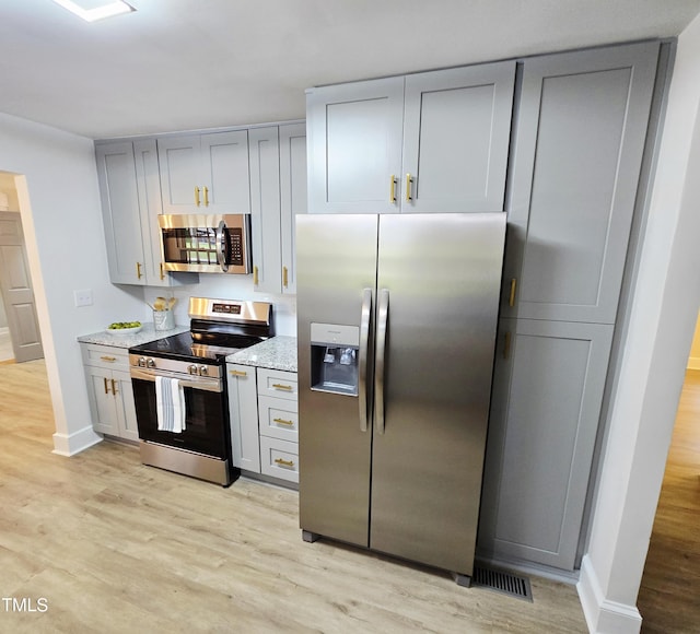 3669 W Greensboro Chapel Hill Rd, Liberty, NC 27298 - kitchen with appliances with stainless steel finishes, light wood-style flooring, gray cabinetry, baseboards, and light stone countertops