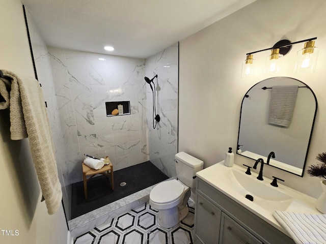 3669 W Greensboro Chapel Hill Rd, Liberty, NC 27298 - full bathroom with toilet, vanity, a marble finish shower, and recessed lighting