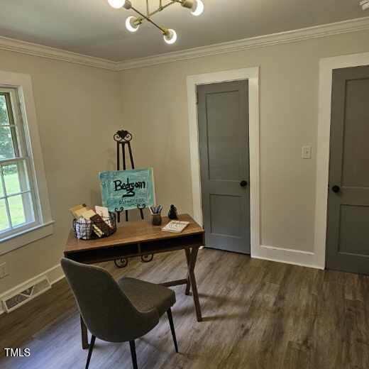 3669 W Greensboro Chapel Hill Rd, Liberty, NC 27298 - office area featuring a chandelier, ornamental molding, wood finished floors, and baseboards