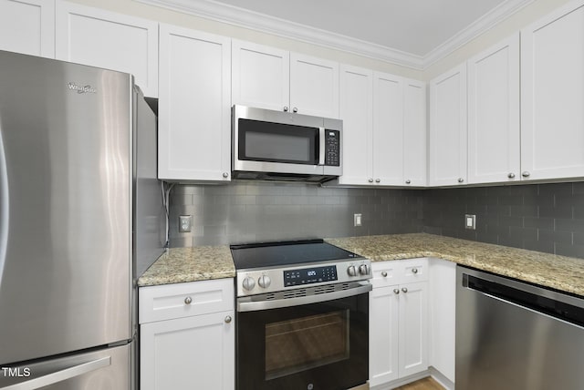 340 Allister Dr Unit 301, Raleigh, NC 27609 - kitchen with stainless steel appliances, crown molding, and white cabinetry
