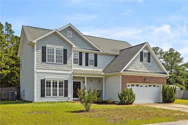 view of front of home with driveway, roof with shingles, central AC, and brick siding