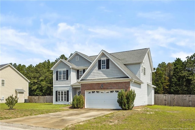 traditional-style house featuring concrete driveway, brick siding, central AC, and a shingled roof