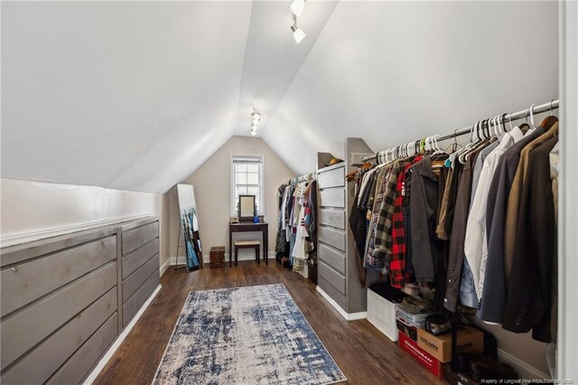 walk in closet featuring vaulted ceiling and dark wood-style floors