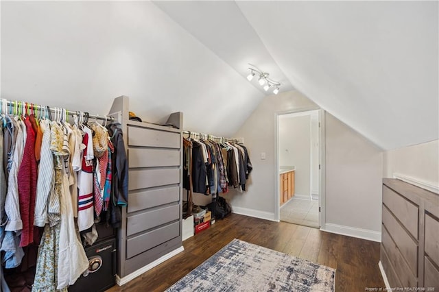 walk in closet featuring wood finished floors and vaulted ceiling