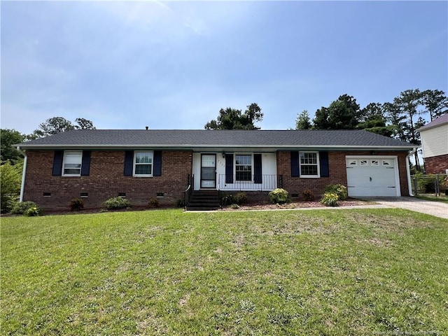 ranch-style house featuring crawl space, an attached garage, concrete driveway, and brick siding