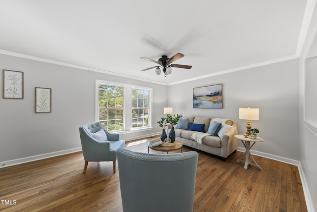 1201 Pond St, Cary, NC 27511 - living room featuring a ceiling fan, ornamental molding, and wood finished floors