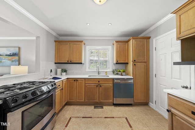 1201 Pond St, Cary, NC 27511 - kitchen with appliances with stainless steel finishes, light countertops, backsplash, light tile patterned floors, and crown molding