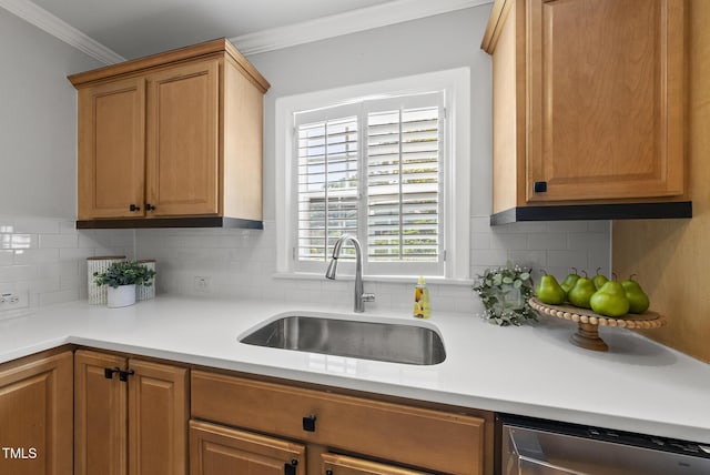 1201 Pond St, Cary, NC 27511 - kitchen featuring stainless steel dishwasher, crown molding, decorative backsplash, and light countertops