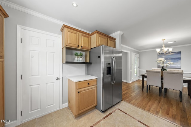 1201 Pond St, Cary, NC 27511 - kitchen with stainless steel refrigerator with ice dispenser, a chandelier, ornamental molding, open shelves, and light tile patterned flooring