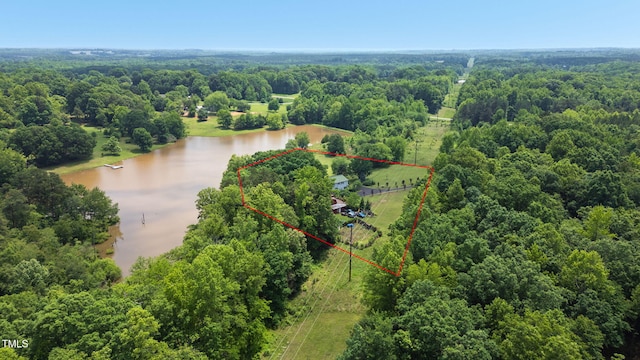 771 Cedar Grove Church Rd, Roxboro, NC 27574 - overview of rural landscape with a nearby body of water, property parcel outlined, and a heavily wooded area