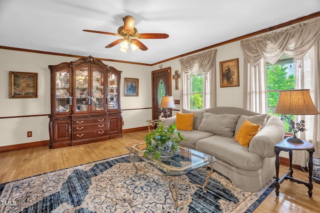771 Cedar Grove Church Rd, Roxboro, NC 27574 - living room featuring light wood-type flooring, ceiling fan, baseboards, and crown molding