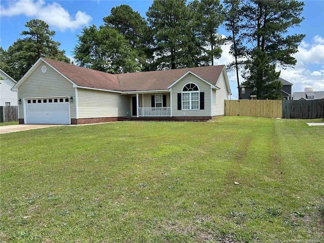 single story home with an attached garage, a porch, and driveway