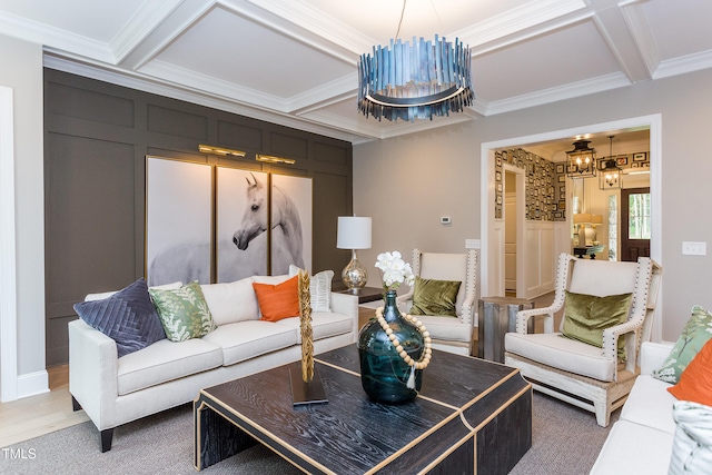 1412 Auman Rd, Raleigh, NC 27603 - living area featuring coffered ceiling, crown molding, beam ceiling, a chandelier, and a decorative wall