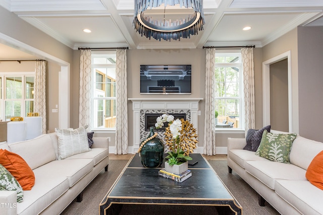 1412 Auman Rd, Raleigh, NC 27603 - living room with coffered ceiling, a fireplace, baseboards, wood finished floors, and ornamental molding