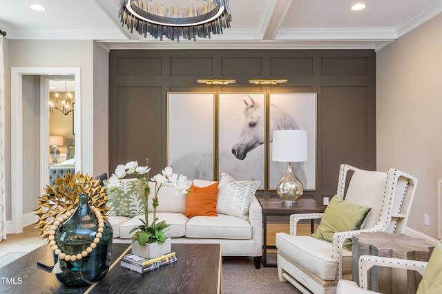 1412 Auman Rd, Raleigh, NC 27603 - living area with ornamental molding, recessed lighting, and a chandelier