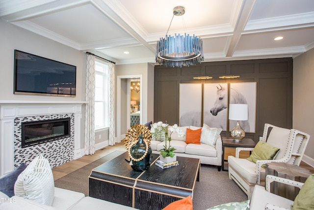 1412 Auman Rd, Raleigh, NC 27603 - living area featuring coffered ceiling, crown molding, wood finished floors, beam ceiling, and recessed lighting