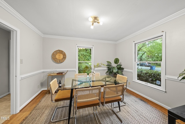dining space featuring light wood-style flooring, plenty of natural light, ornamental molding, and baseboards