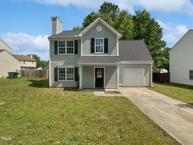 traditional home featuring a garage, concrete driveway, a chimney, and roof with shingles