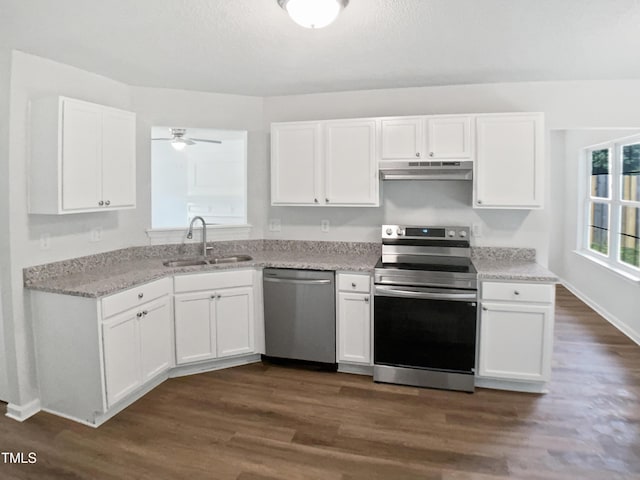 kitchen featuring stainless steel appliances, a sink, under cabinet range hood, and white cabinets