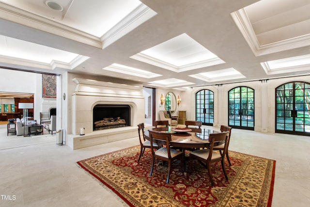 6510 New Market Way, Raleigh, NC 27615 - dining area with ornamental molding, a fireplace with raised hearth, and coffered ceiling