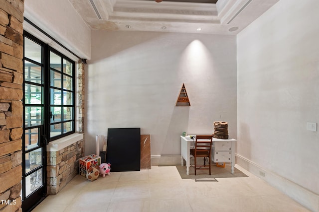 6510 New Market Way, Raleigh, NC 27615 - home office with crown molding, a tray ceiling, and tile patterned floors