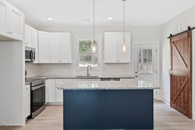 kitchen with a sink, stainless steel appliances, a barn door, light wood-type flooring, and recessed lighting