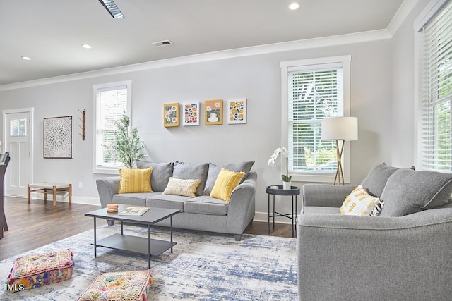 941 W Club Blvd, Durham, NC 27701 - living room with ornamental molding, wood finished floors, plenty of natural light, and recessed lighting