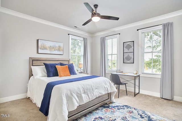 941 W Club Blvd, Durham, NC 27701 - bedroom featuring light carpet, baseboards, a ceiling fan, and ornamental molding