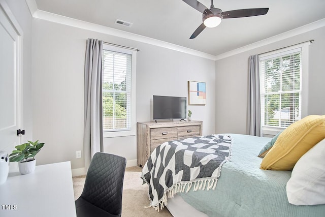 941 W Club Blvd, Durham, NC 27701 - bedroom with multiple windows, ornamental molding, light colored carpet, a ceiling fan, and baseboards