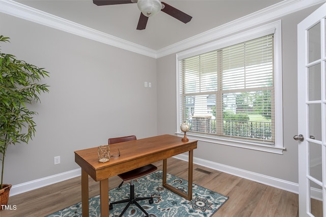 453 Granite Saddle Dr, Rolesville, NC 27571 - office area with plenty of natural light, baseboards, ceiling fan, and ornamental molding